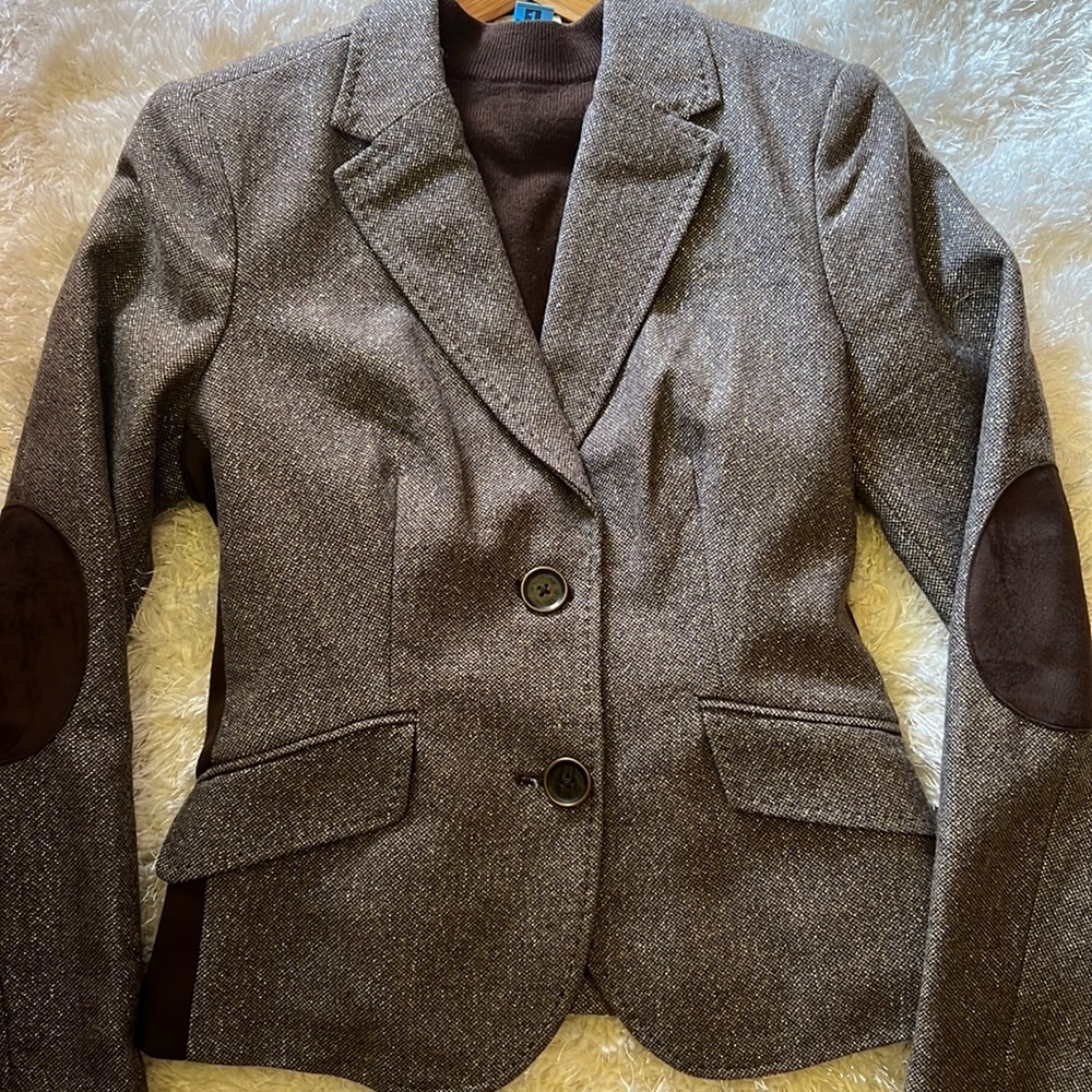 Liz Claiborne NWT sparkly gold thread/brown holiday blazer w patches  szM